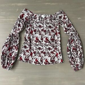 Caroline Constas Gisele Printed Birds Blouse Top Red White - Small